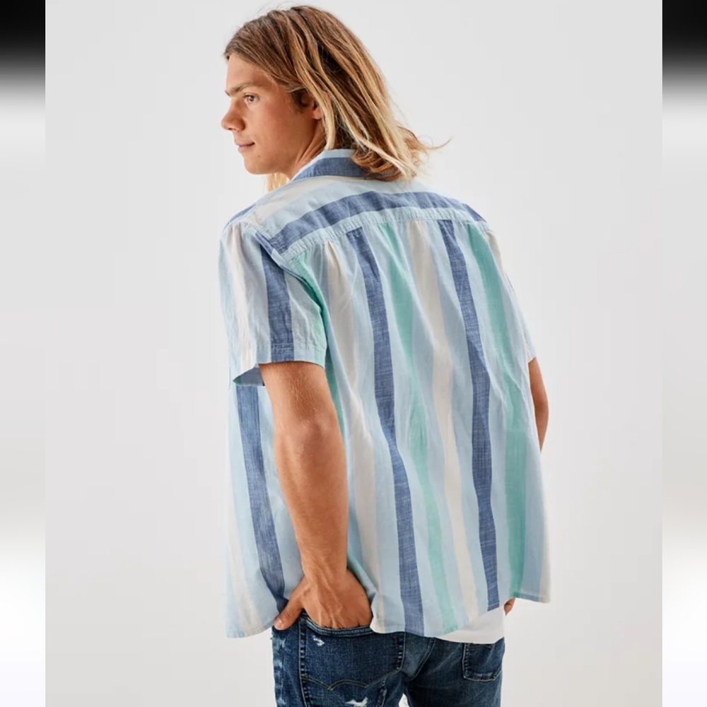 American Eagle Striped Button Up Resort Shirt Large - Picture 2 of 11